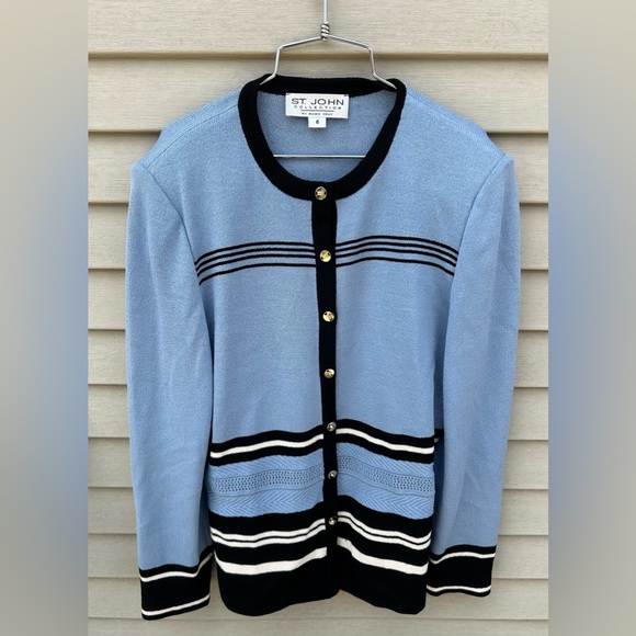 St John By Marie Gray Blue Black Striped  Size 6 Knit Sweater - Picture 1 of 7